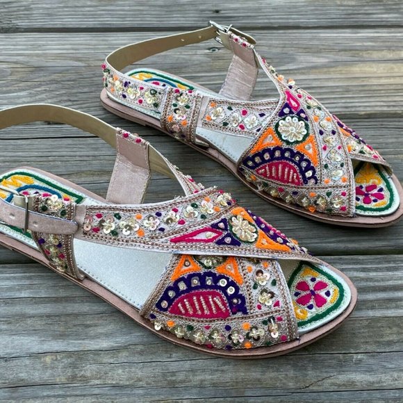 Women Sandal Handmade Embroidery KOHATI Chapal Sindhi Juti Traditional Size 9.5 - Picture 1 of 10